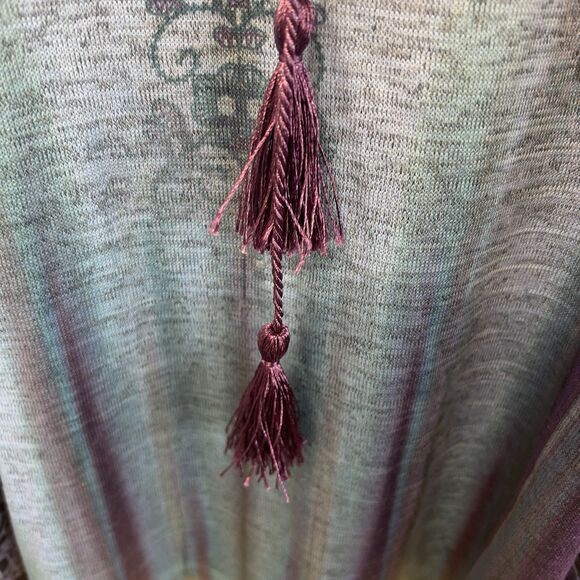 ONE WORLD Embellished L Purple Tie Top Longsleeve Tassel Tunic Blouse BOHO - Picture 3 of 5